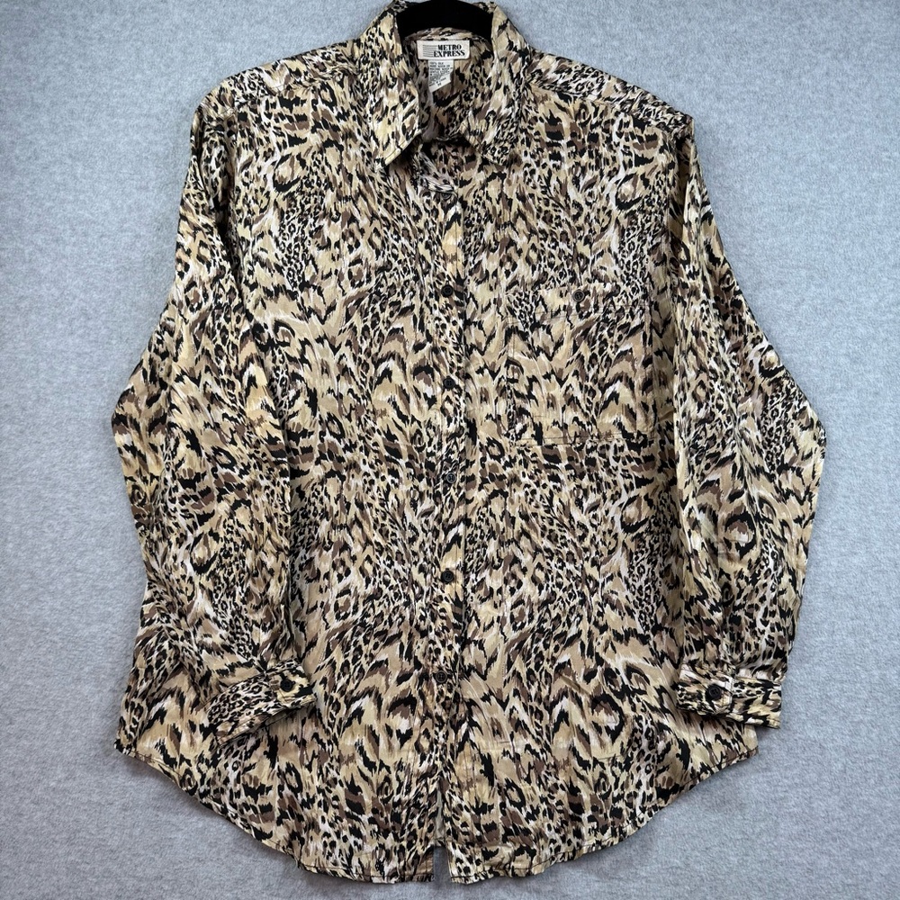 Vintage Metro Express 100% Silk Long Sleeve Button Down Animal Print Shirt Sz. M